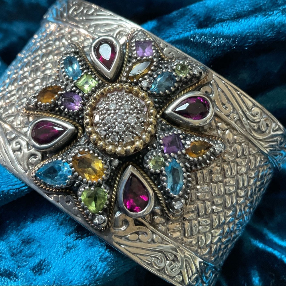 Effy Multi Gemstone Diamond Cross Cuff Bracelet in Sterling Silver and 18K Gold - Picture 2 of 9